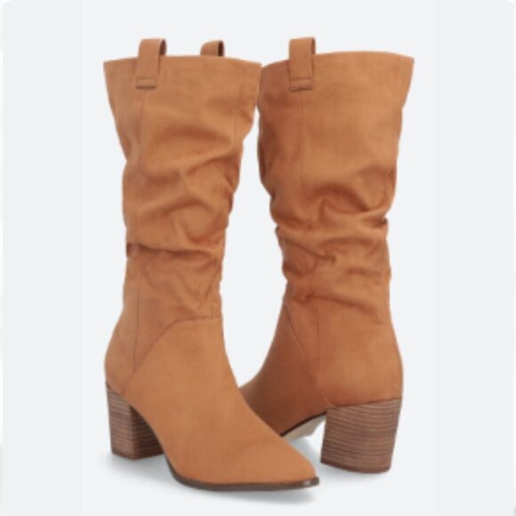 Report Tariq Tall Shaft Faux Suede Bootie Tan Block Heel Slip On/Pull Tab Size 9 - Picture 2 of 16